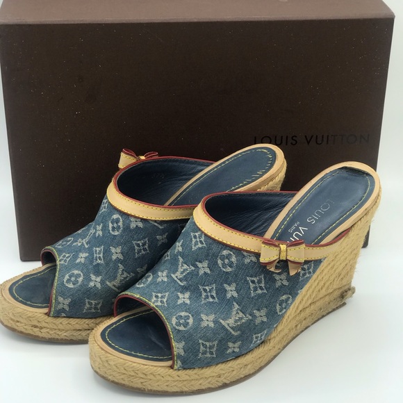 Louis Vuitton Denim Wedge Espadrilles Bow Sandals - Picture 3 of 12
